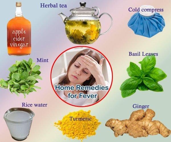 A graphic listing home remedies for fever, including herbal tea, cold compress, mint, rice water, turmeric, basil leaves, apple cider vinegar, and ginger.
