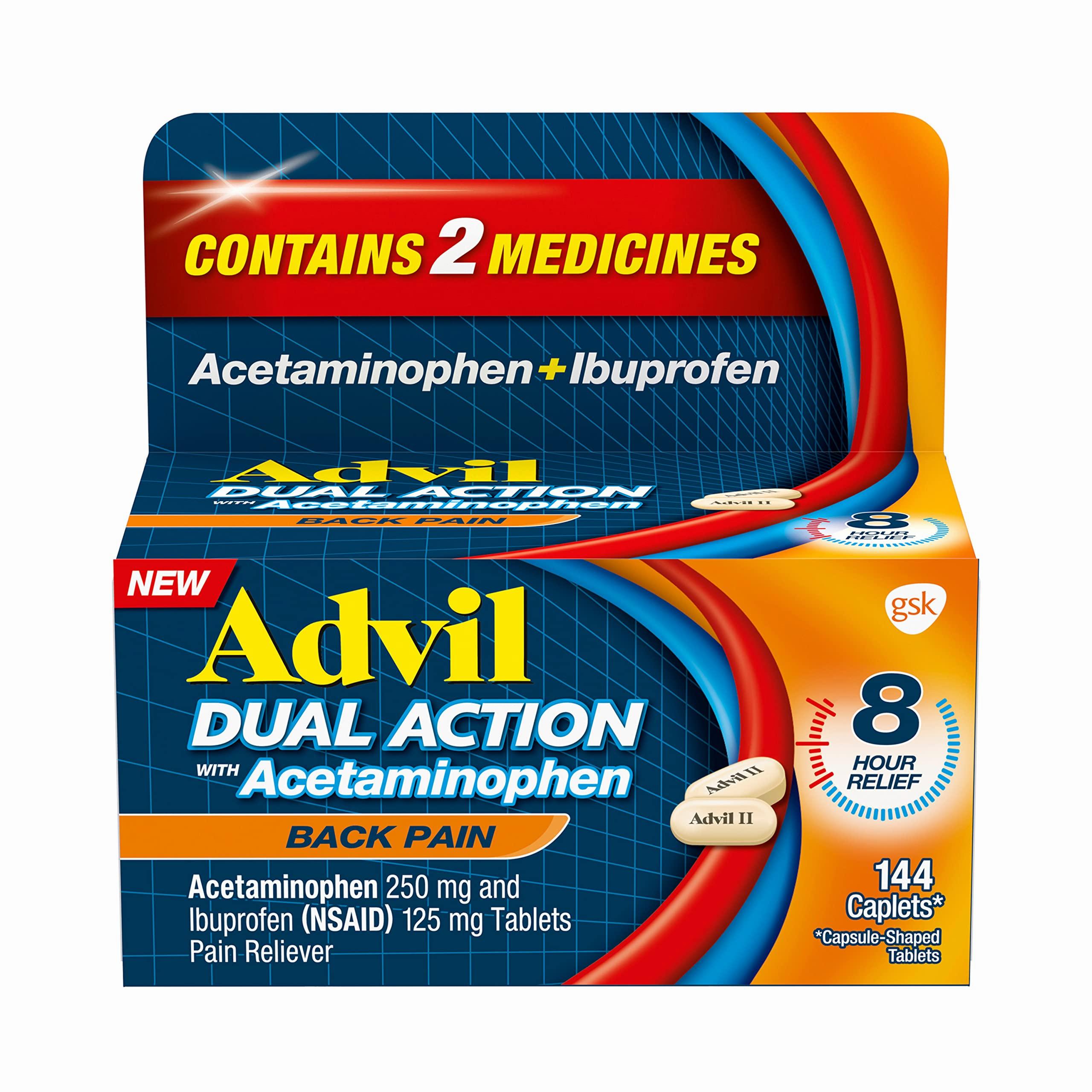A box of Advil Dual Action caplets, which contain acetaminophen and ibuprofen to relieve back pain.