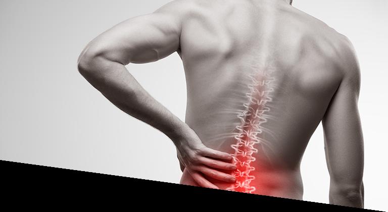 A man holds his back in pain, his spine highlighted in red.