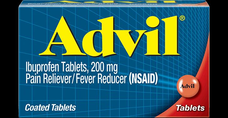 A blue and yellow box of Advil pain reliever tablets.