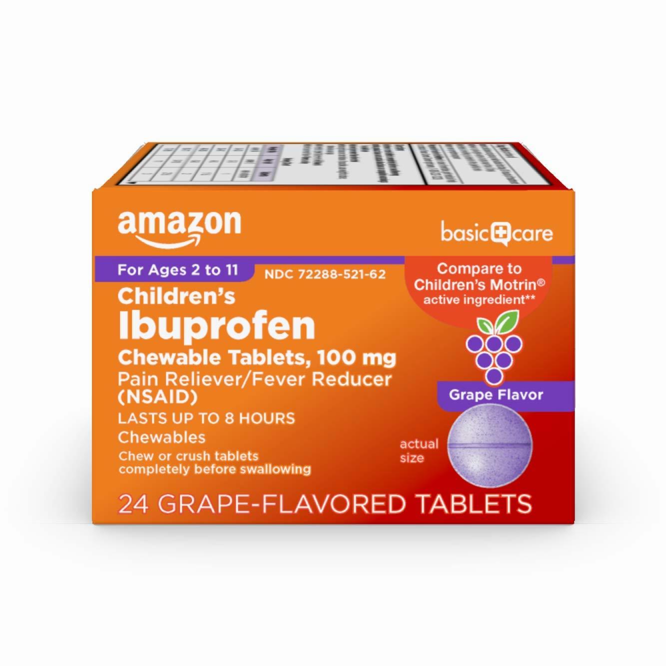 A purple box of grape-flavored chewable ibuprofen tablets for children ages 2 to 11.