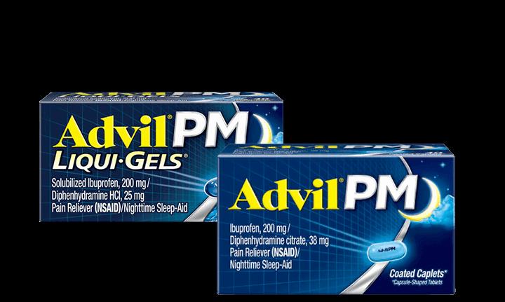 Two boxes of Advil PM, a nighttime pain reliever and sleep aid.