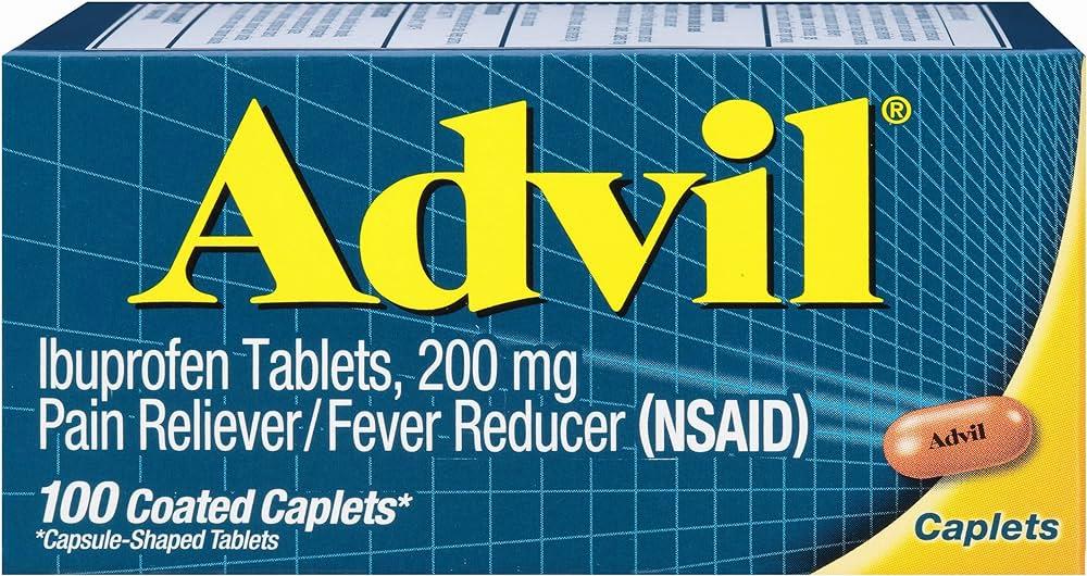 A blue and yellow box of Advil caplets, a pain reliever and fever reducer.