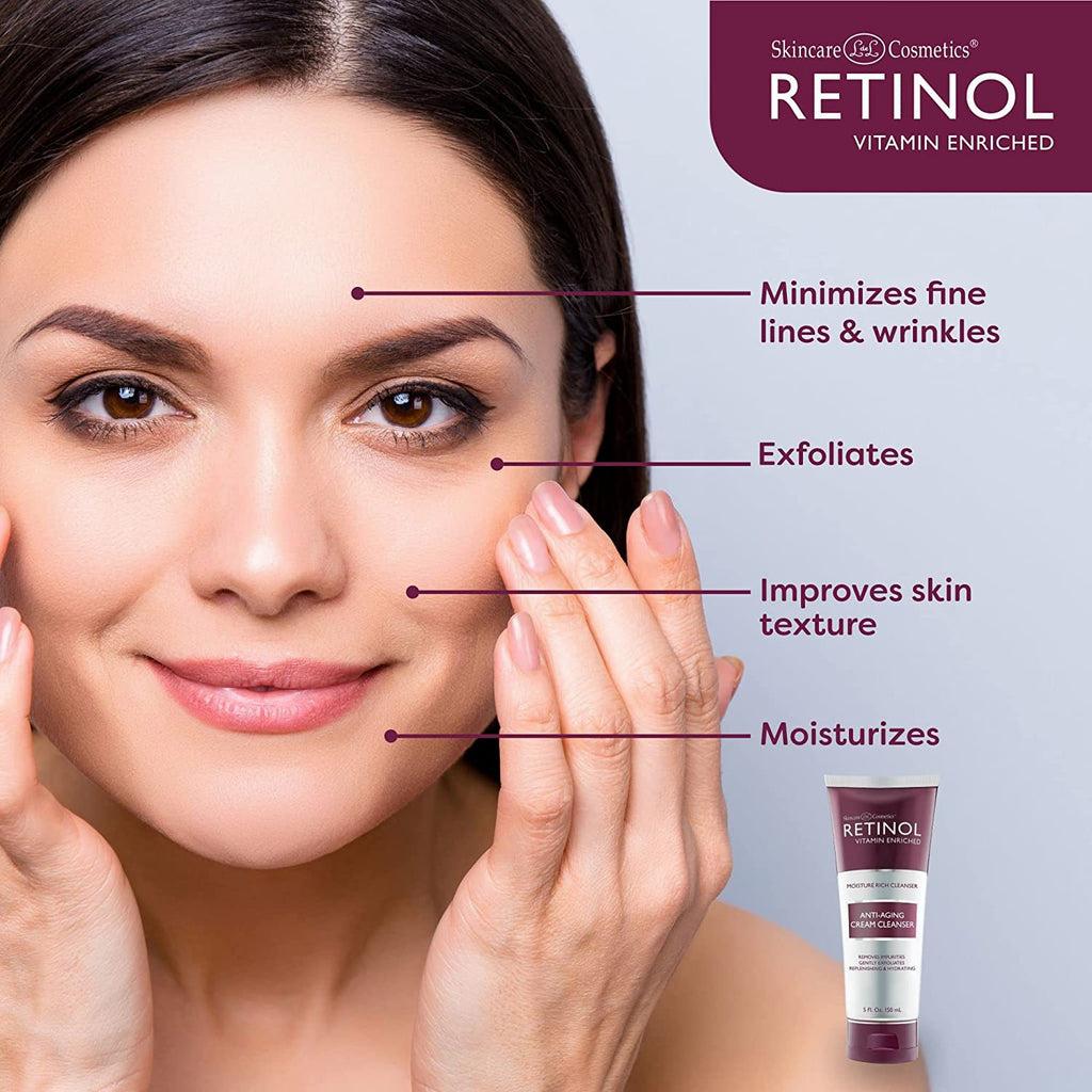 A woman with dark hair and light skin is applying an anti-aging retinol cream cleanser to her face.