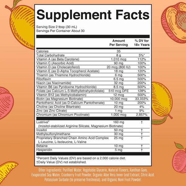 A table of nutritional facts for a serving of a liquid dietary supplement.