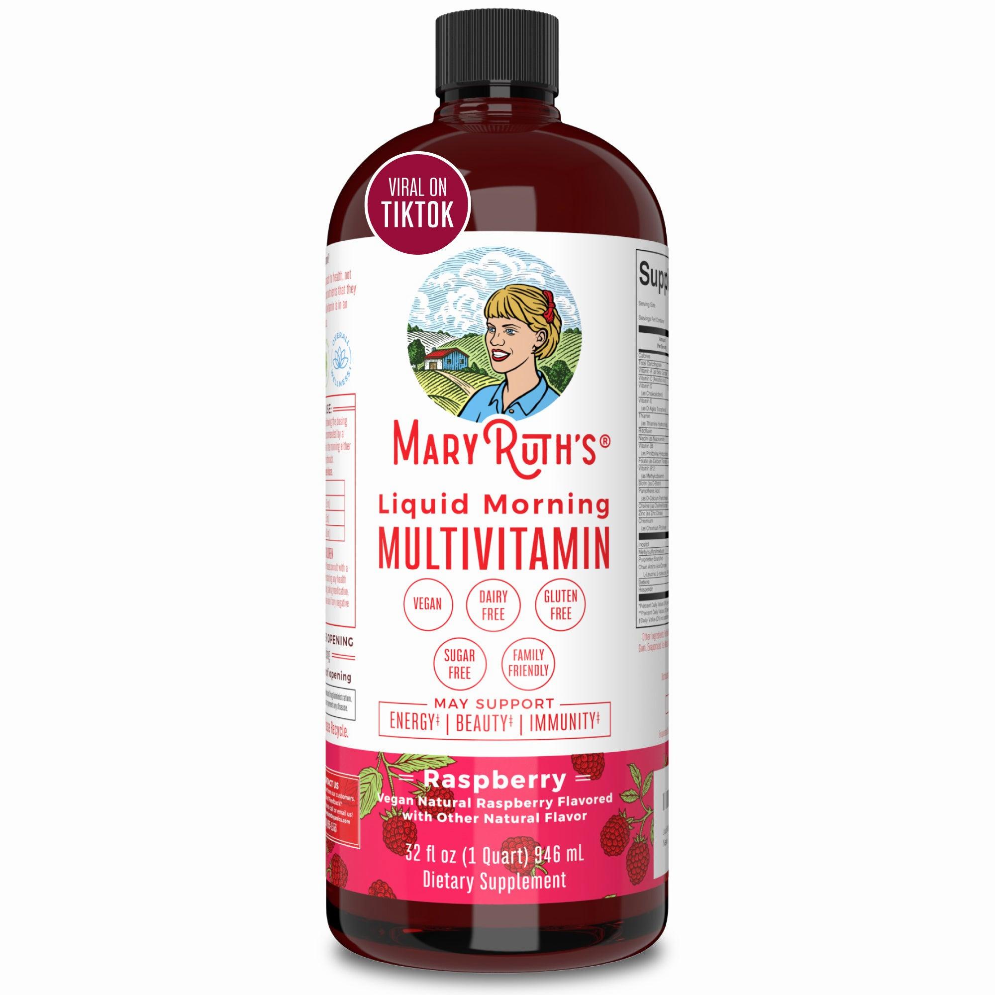 A bottle of Mary Ruths Liquid Morning Multivitamin in raspberry flavor, which is vegan, dairy-free, gluten-free, and sugar-free.