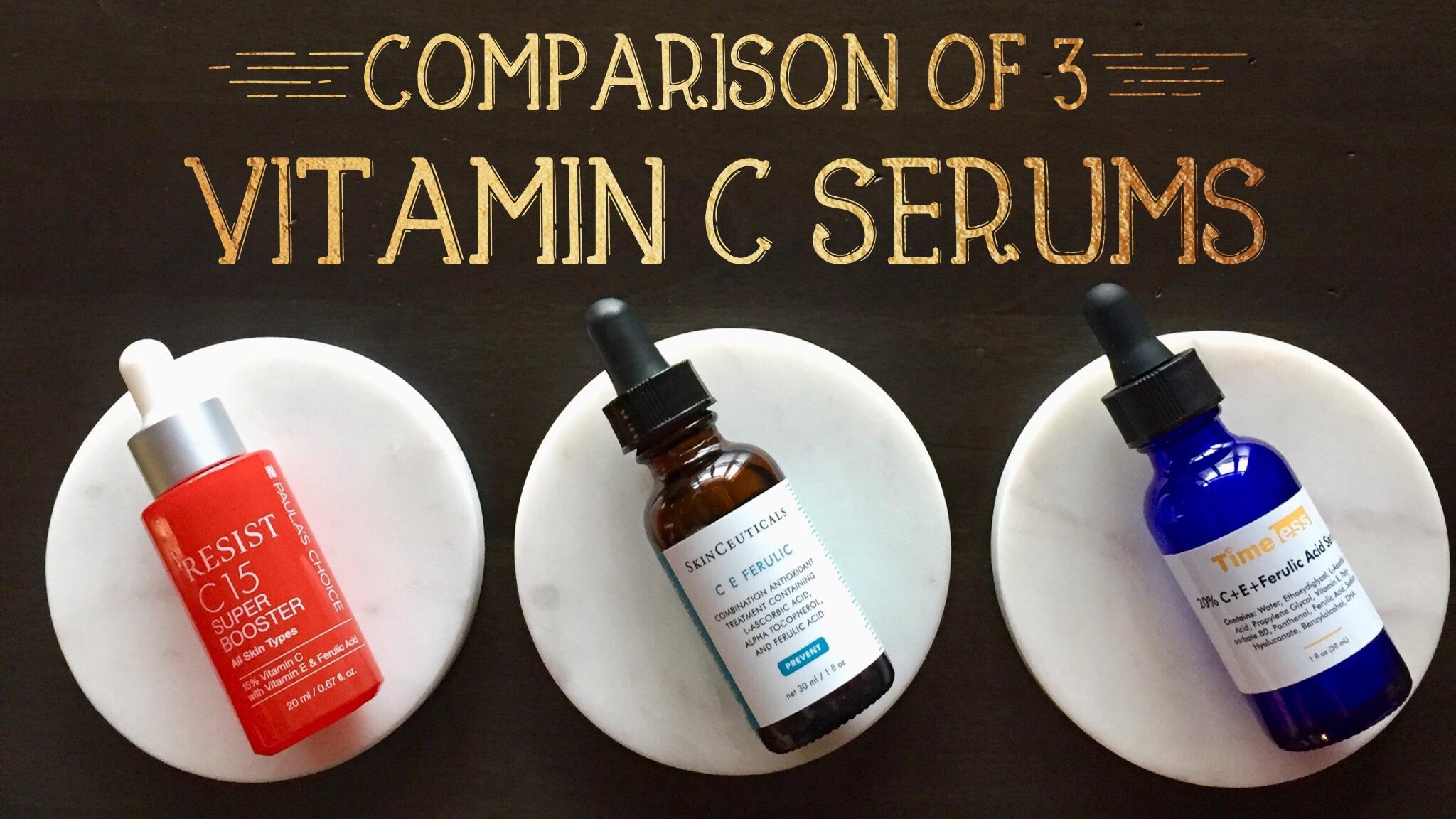 Three bottles of different brands of vitamin C serums.