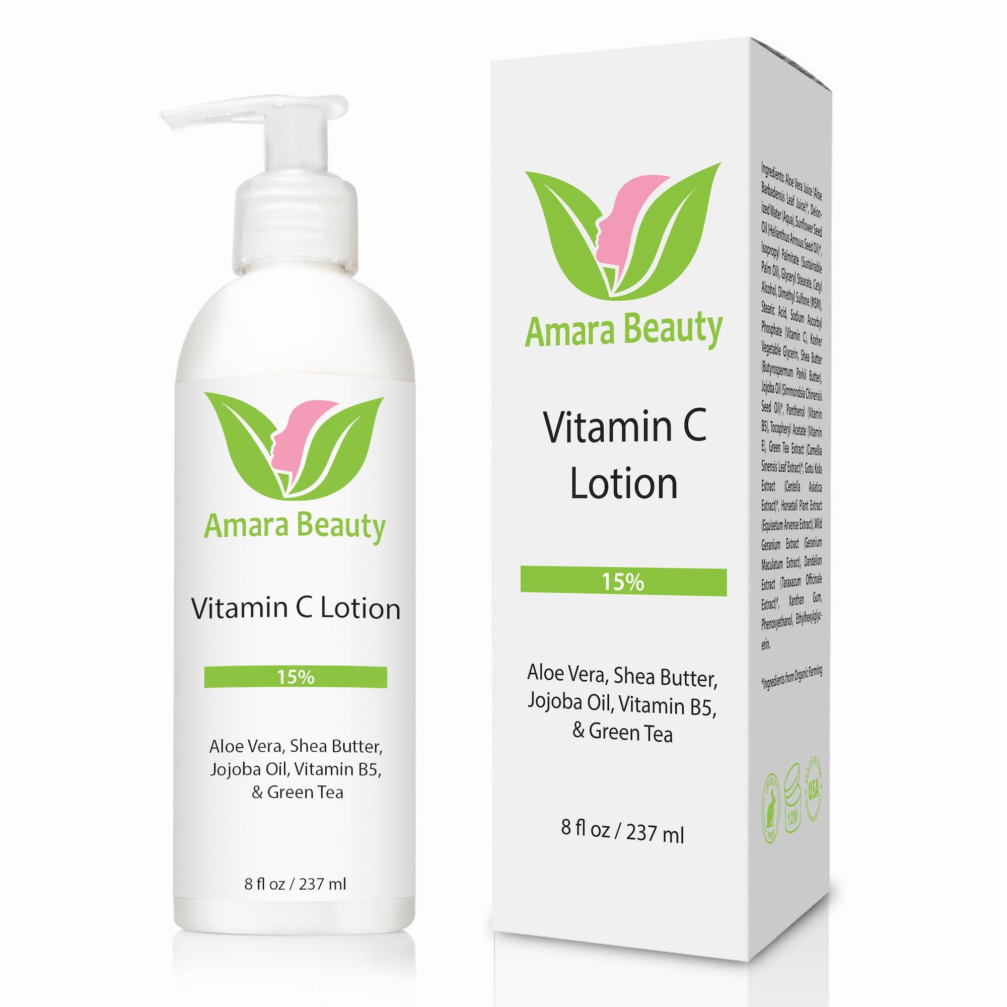 A white and green bottle of Amara Beauty Vitamin C lotion with a pump top and a white box with green text.