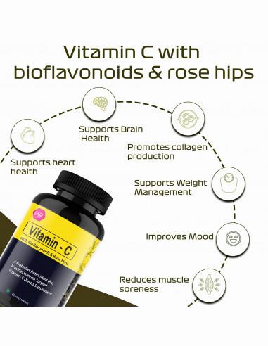 A bottle of Vitamin C with bioflavonoids and rose hips, which is a dietary supplement that supports heart health, brain health, collagen production, weight management, mood, and reduces muscle soreness.