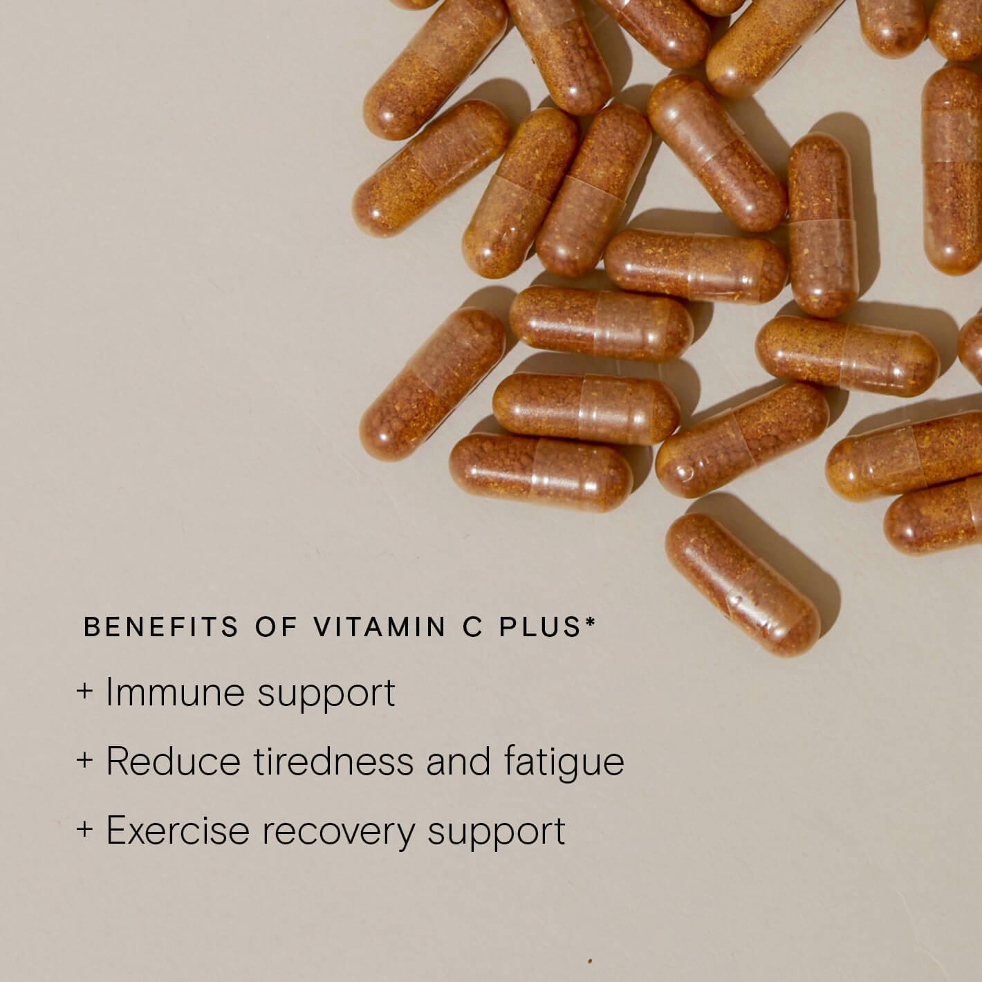 A list of the benefits of Vitamin C Plus, including immune support, reducing tiredness and fatigue, and exercise recovery support.
