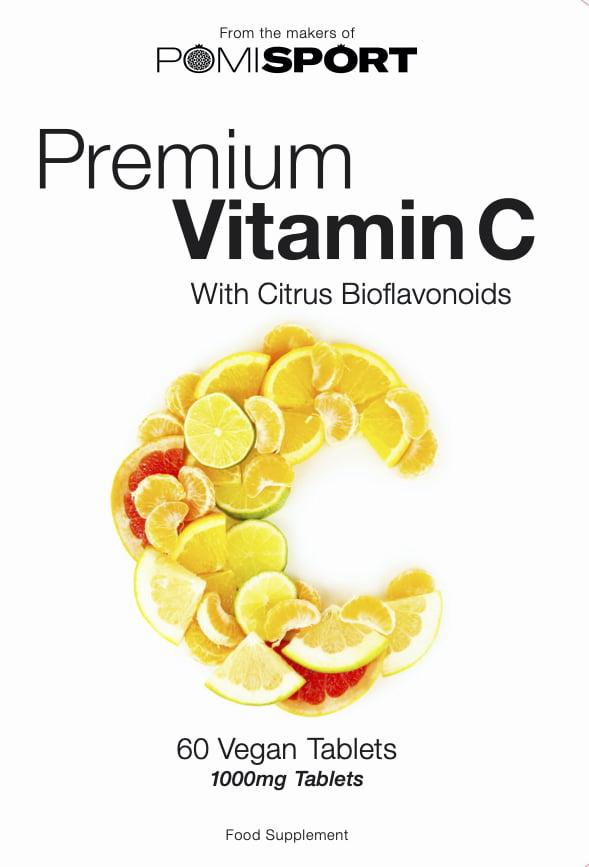 A white background with a C shape made of citrus fruits and the text Premium Vitamin C next to it.