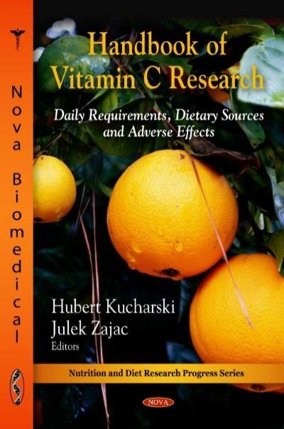 A book titled Handbook of Vitamin C Research with a bunch of oranges on the cover.