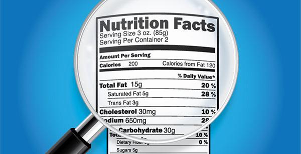 A magnifying glass zooms in on a nutrition label.