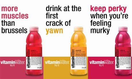 Three bottles of Vitamin Water in different flavors with the text more muscles than brussels, drink at the first crack of yawn, and keep perky when youre feeling murky.