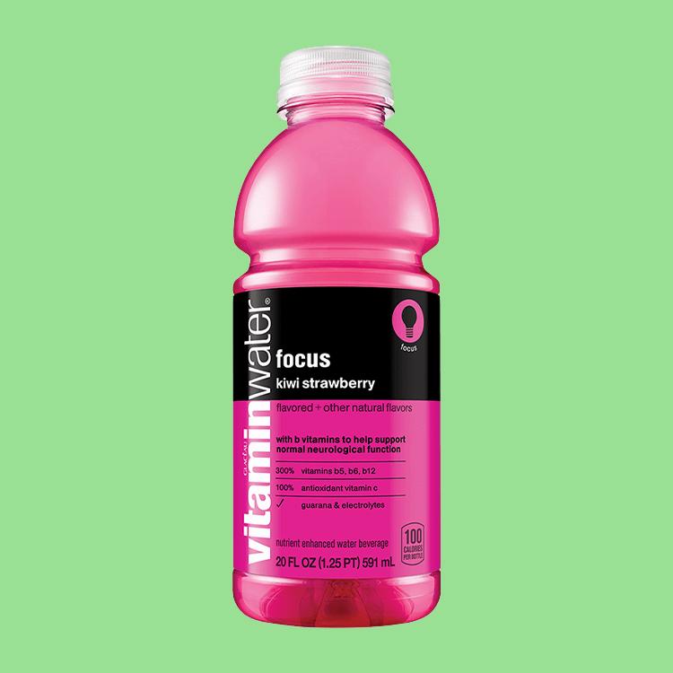 A pink bottle of Vitamin Water Focus Kiwi Strawberry.