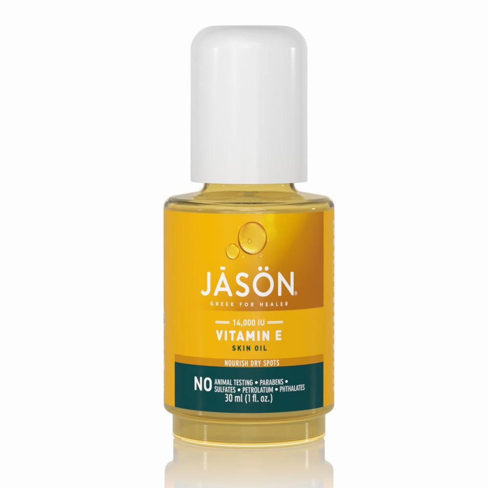 A small bottle of JĀSÖN Vitamin E Skin Oil, a natural skin care product.