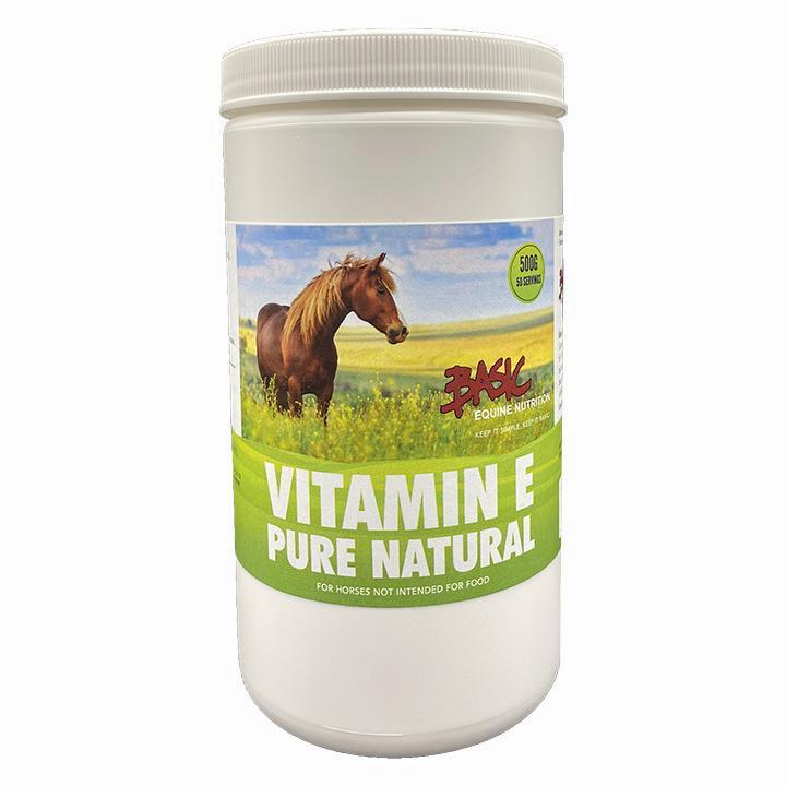 A white plastic tub of Vitamin E powder, a nutritional supplement for horses.