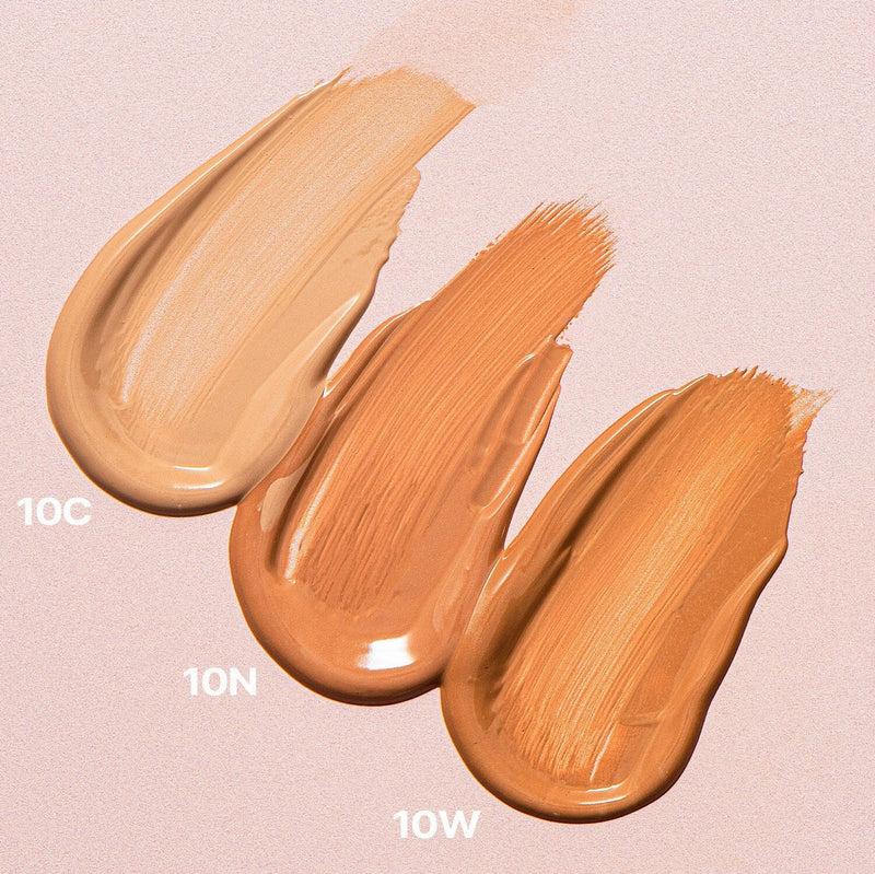 Three swatches of liquid foundation in shades 10C, 10N, and 10W.