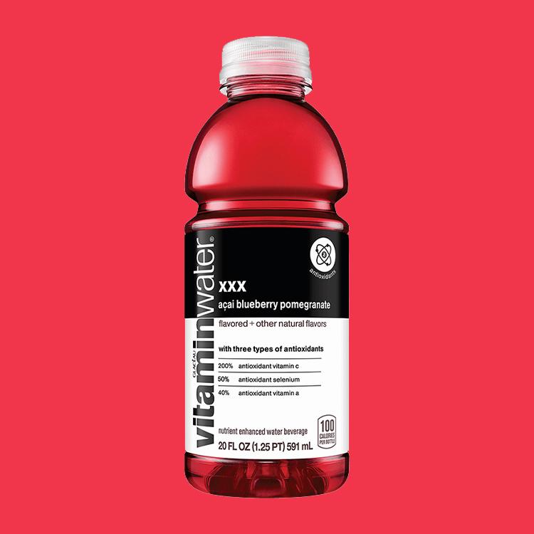 A bottle of Vitamin Water XXX, a nutrient-enhanced water beverage with antioxidants and natural flavors of acai, blueberry, and pomegranate.
