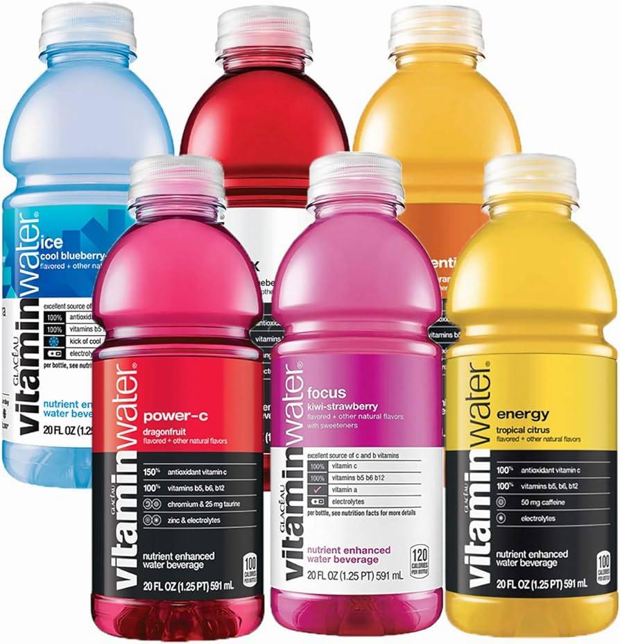A row of six bottles of Vitamin Water in different flavors.