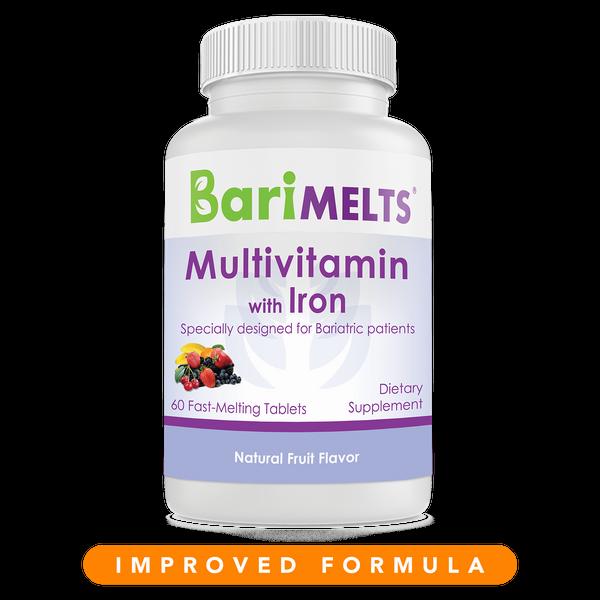 A bottle of BariMelts multivitamin with iron, a dietary supplement specially designed for bariatric patients.