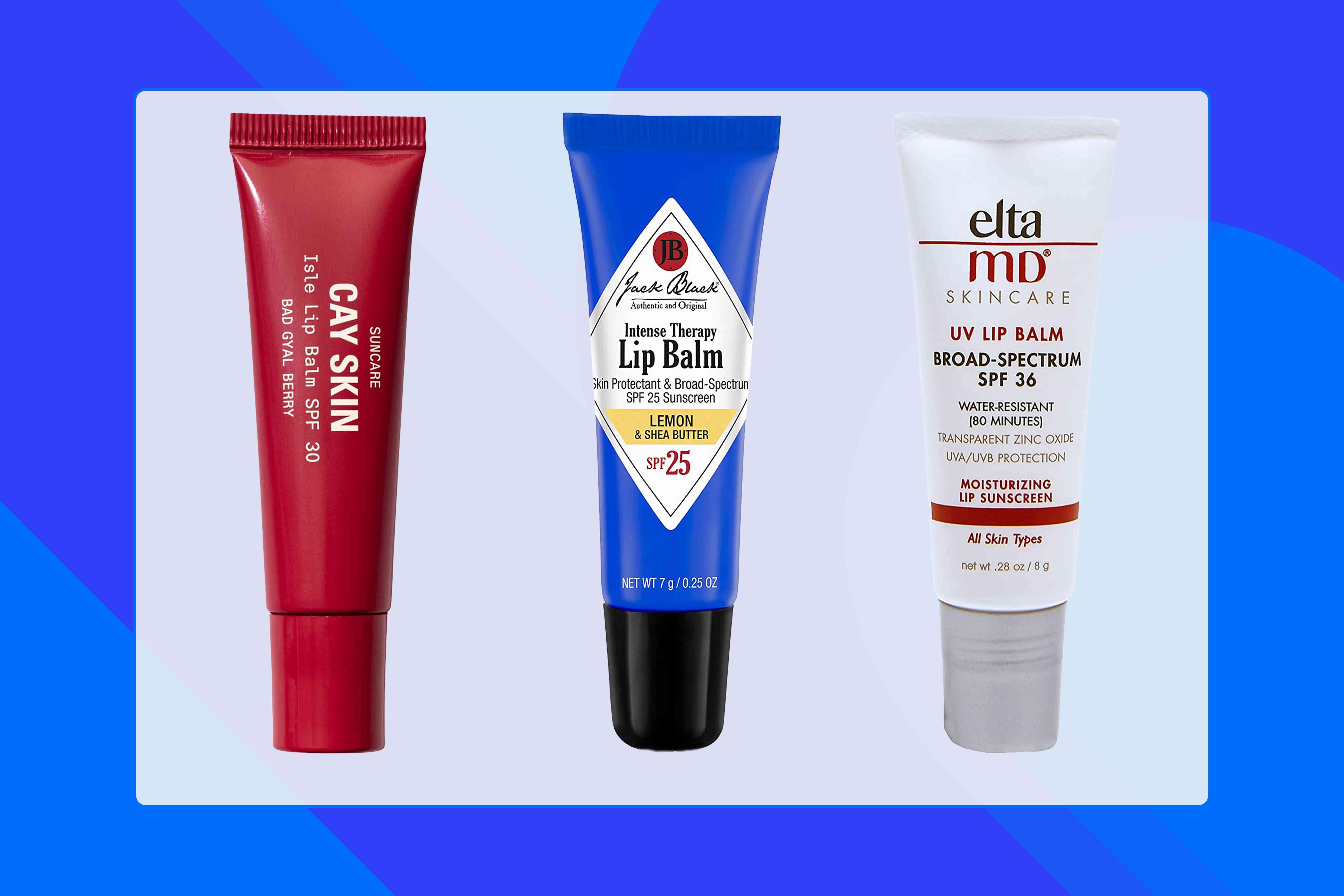 The image shows three lip balms with SPF: Sun Bums Cay Skin Bad Gyal Berry SPF 30, Jack Blacks Intense Therapy Lip Balm SPF 25, and EltaMDs UV Lip Balm SPF 36.