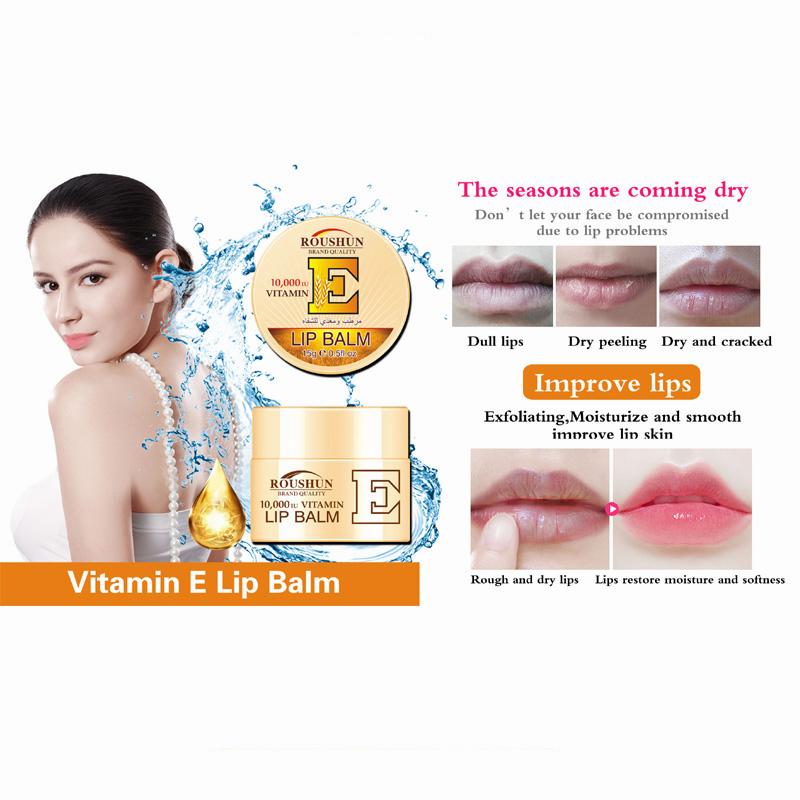 An image of a model applying a lip balm with text overlay that reads, Vitamin E Lip Balm, The seasons are coming dry, Dont let your face be compromised due to lip problems.