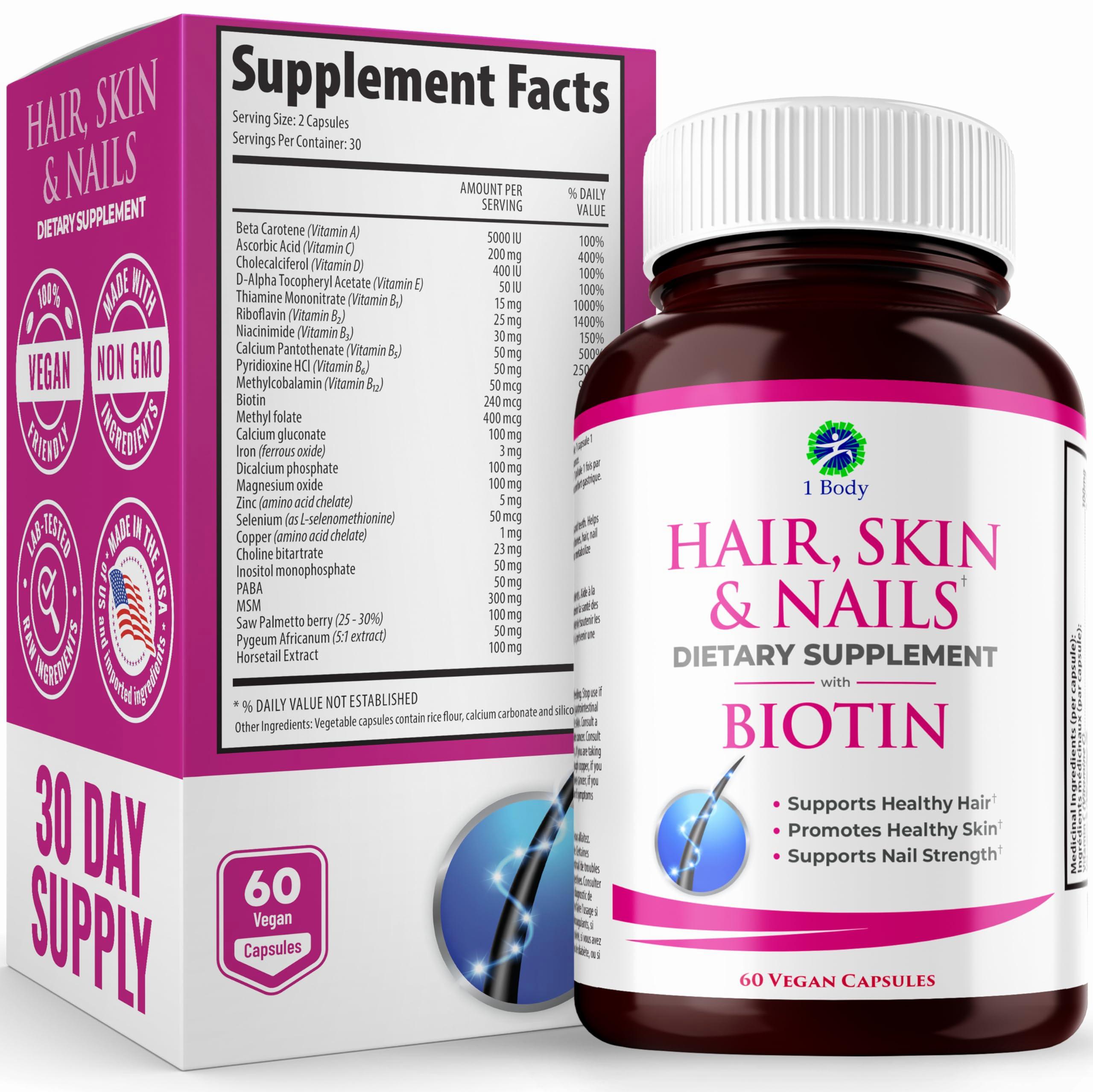This is a bottle of hair, skin, and nails dietary supplements containing biotin.