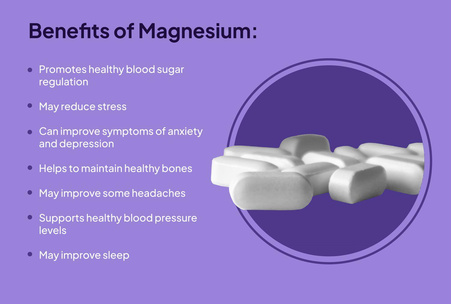 A purple background displays white text listing the benefits of magnesium.