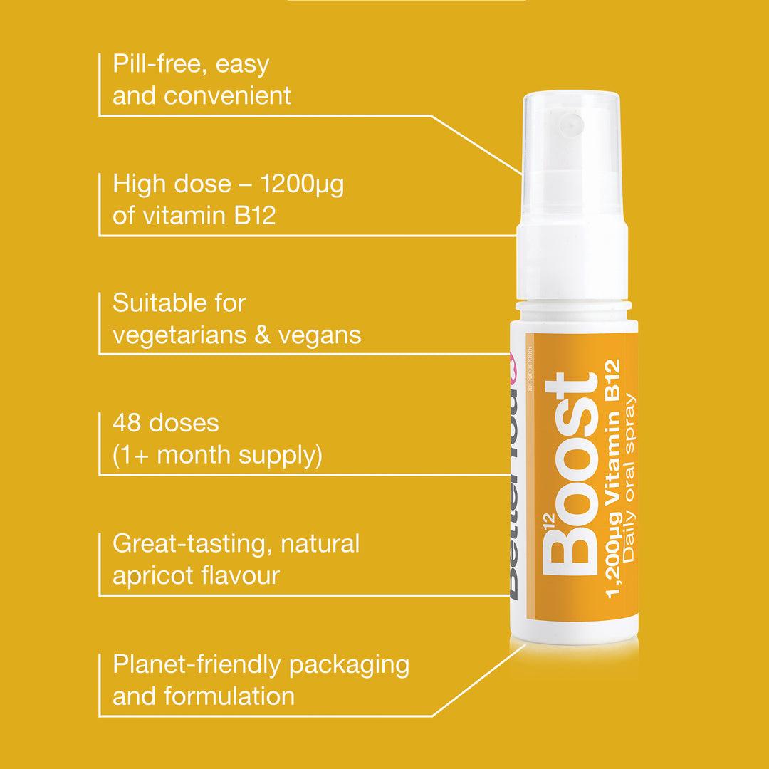 A bottle of BetterYou B12 Boost Vitamin B12 Oral Spray, a natural and vegan-friendly way to take vitamin B12.