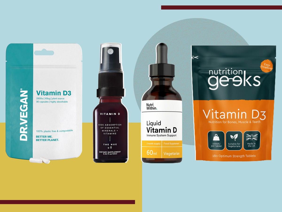 A variety of vitamin D supplements in different forms, including capsules, liquid, and tablets.