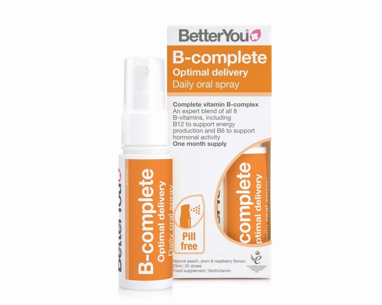 A box of BetterYou B-Complete, a daily oral spray that provides a complete vitamin B-complex.