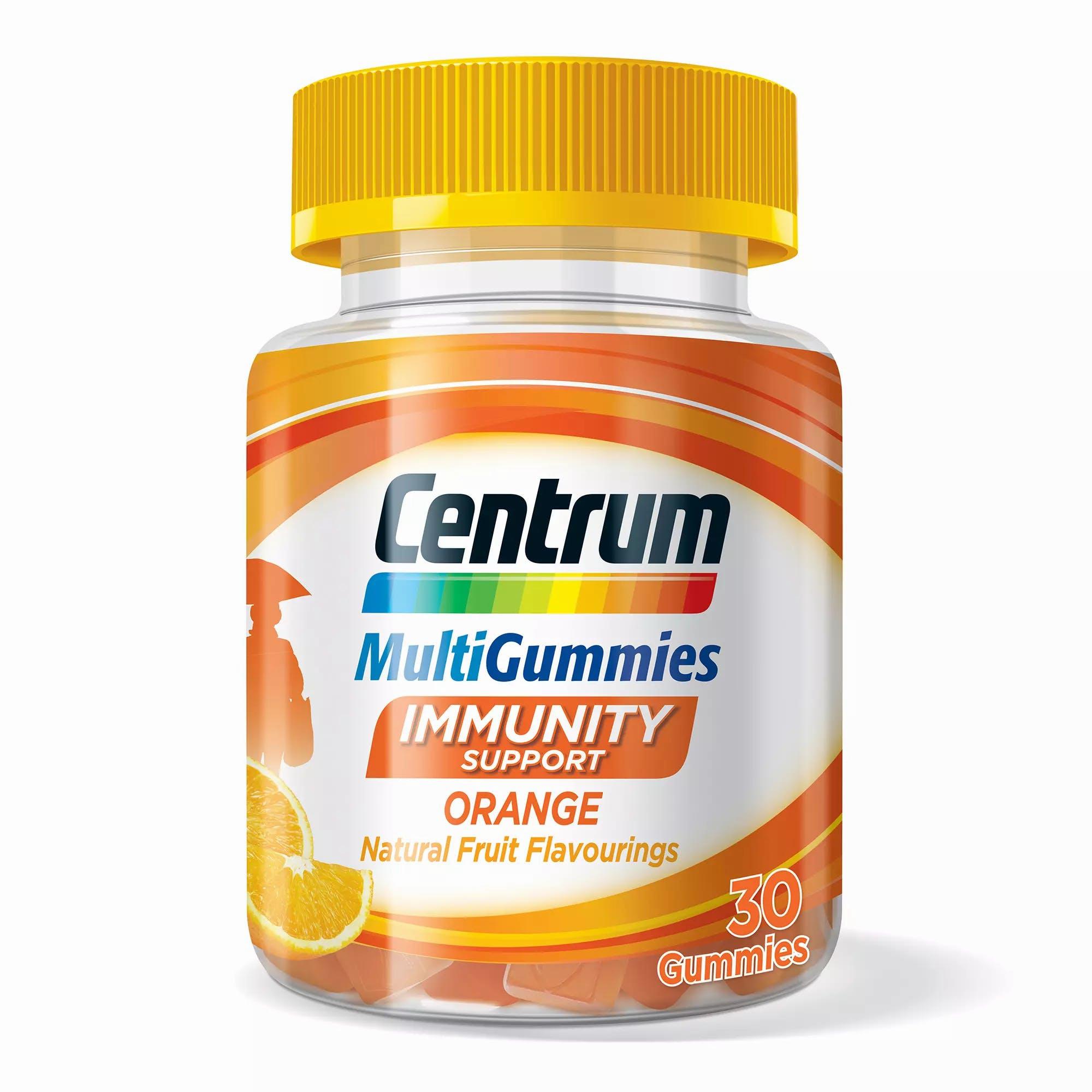 A bottle of Centrum MultiGummies Immunity Support gummies in orange flavor.