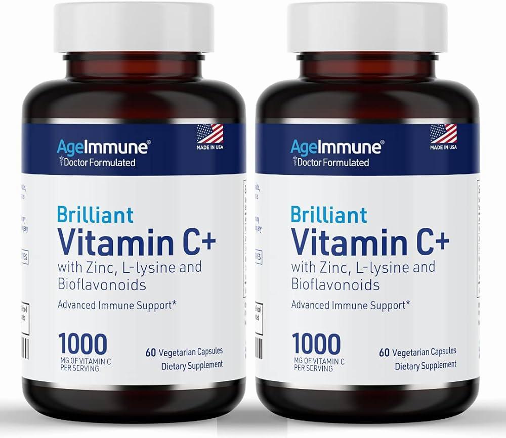 Two bottles of Agelmmunes Brilliant Vitamin C+, a dietary supplement.