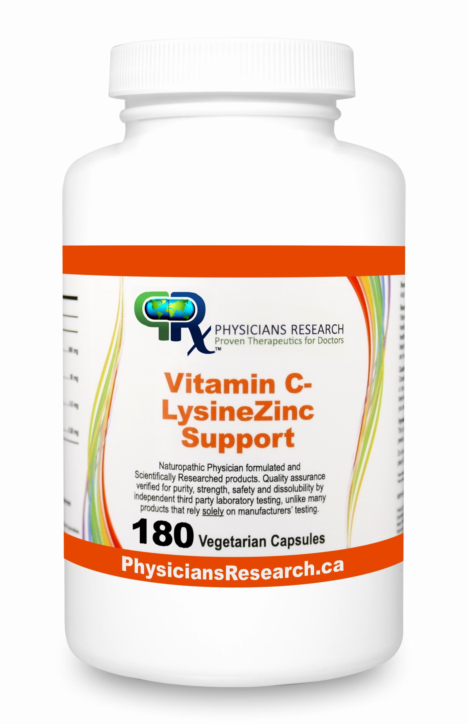 A bottle of Vitamin C-Lysine-Zinc Support, a naturopathic supplement.