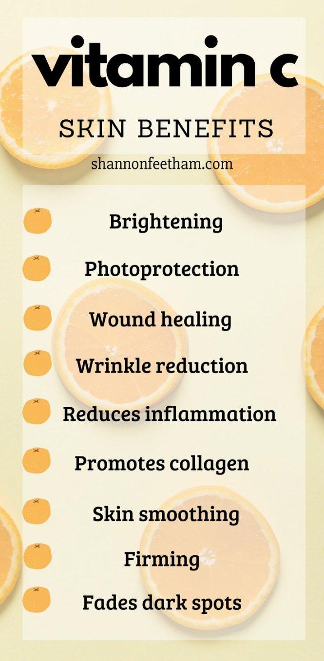 A list of the benefits of vitamin C for the skin.