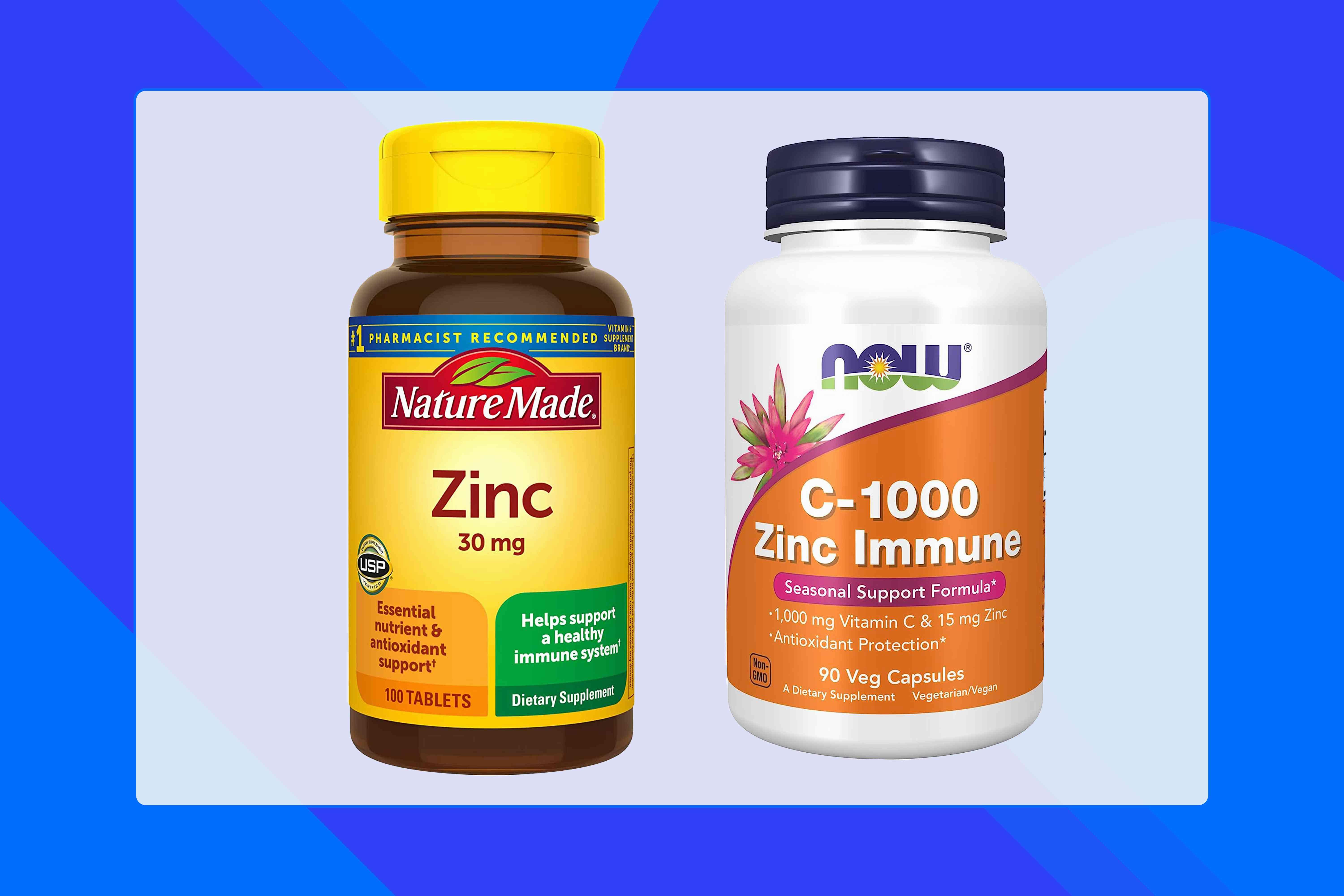 Two bottles of supplements, one labeled Nature Made Zinc and the other labeled Now C-1000 Zinc Immune.