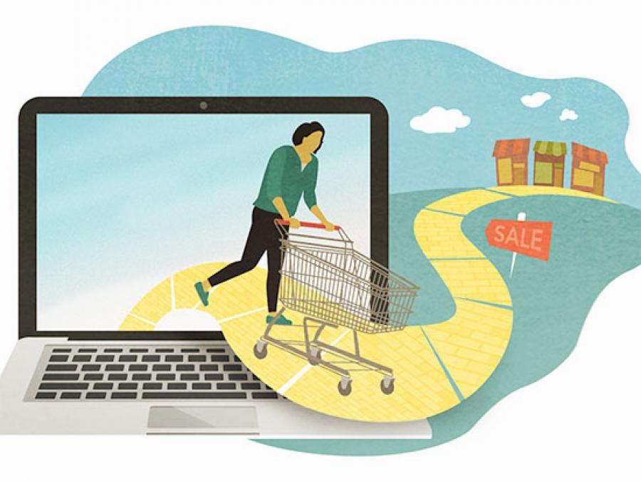 Illustration of a person walking out of a laptop screen, pushing a shopping cart along a yellow brick road towards a physical store.