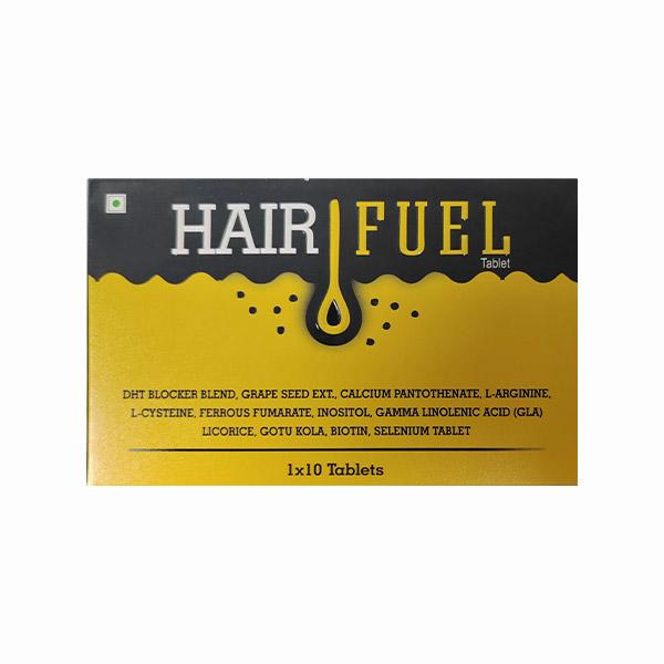 A box of hair supplements with the label Hair Fuel.