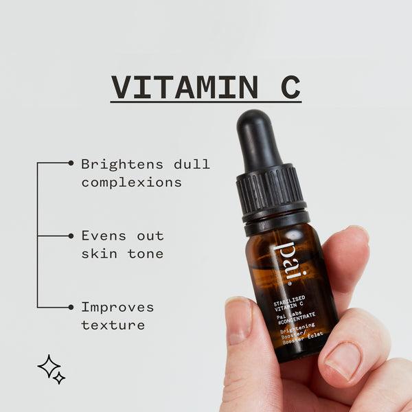 A small brown bottle of Vitamin C serum from Pai Skincare, with text on the bottle and written below it stating the benefits of the product.