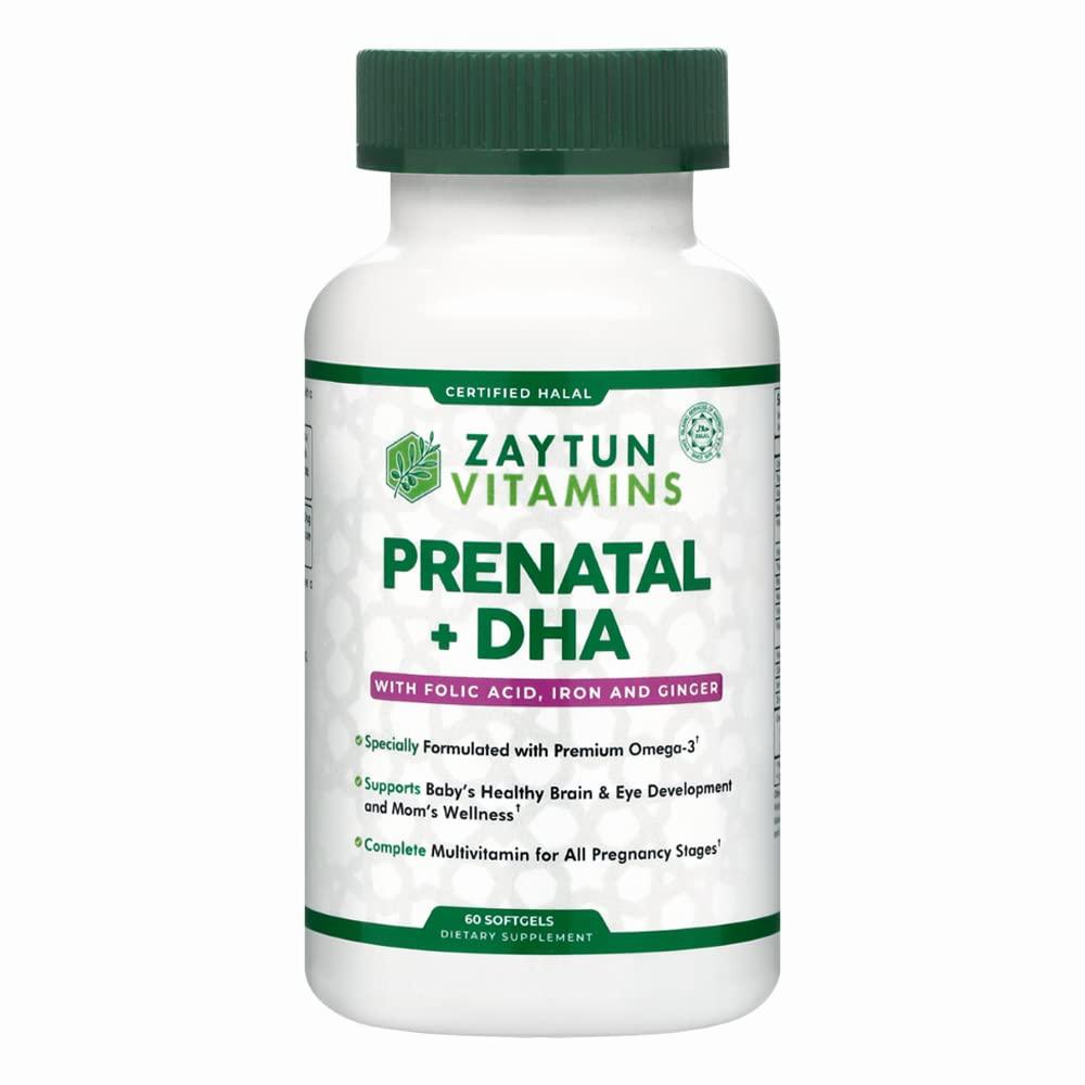 A bottle of Zaytun Vitamins Prenatal + DHA, a dietary supplement containing folic acid, iron, and ginger.