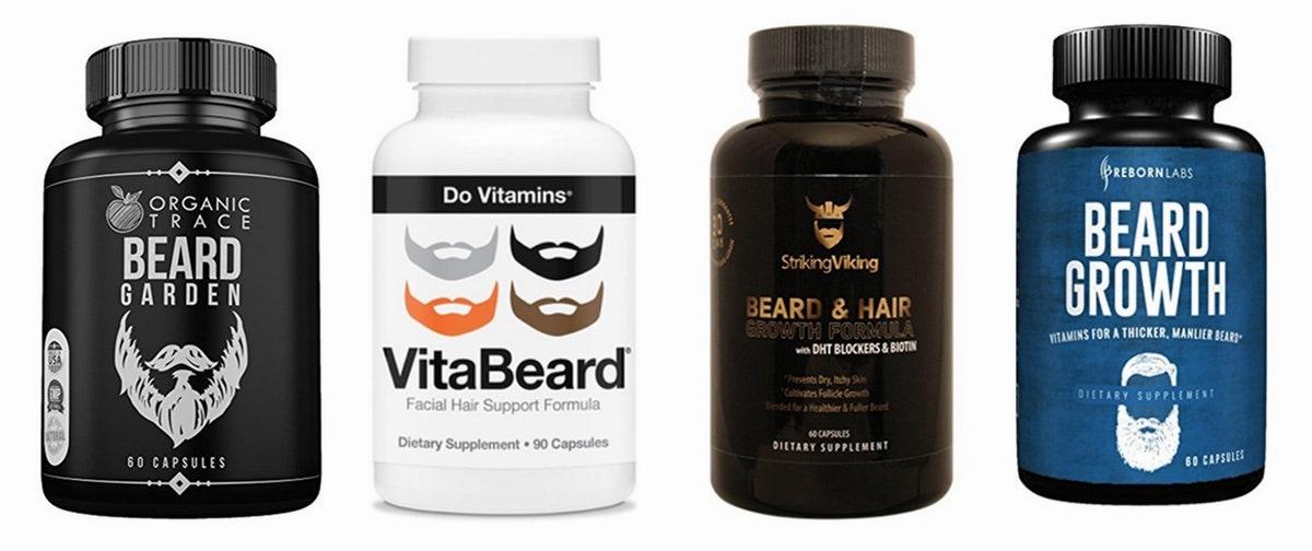A variety of beard growth supplements in bottles.