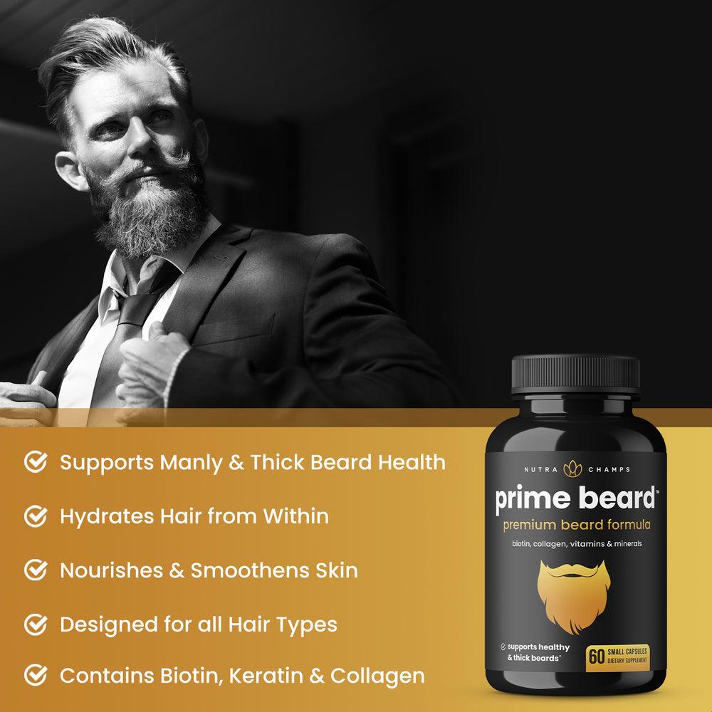 A bottle of beard growth supplements with a bearded man in the background.