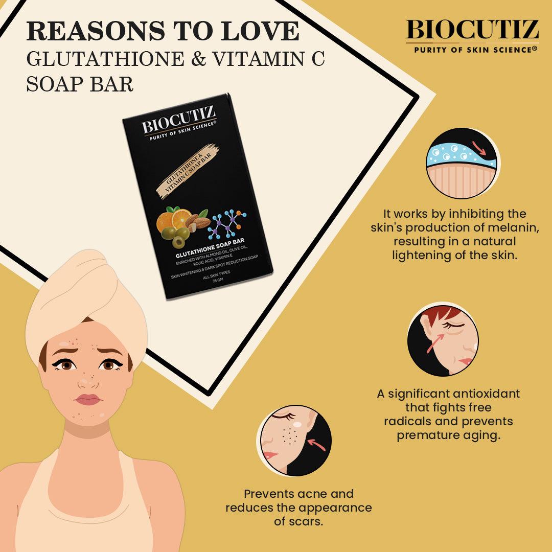 The image is an advertisement for Biocutiz Glutathione and Vitamin C Soap Bar, which claims to lighten skin tone, prevent acne, reduce the appearance of scars, and fight free radicals.