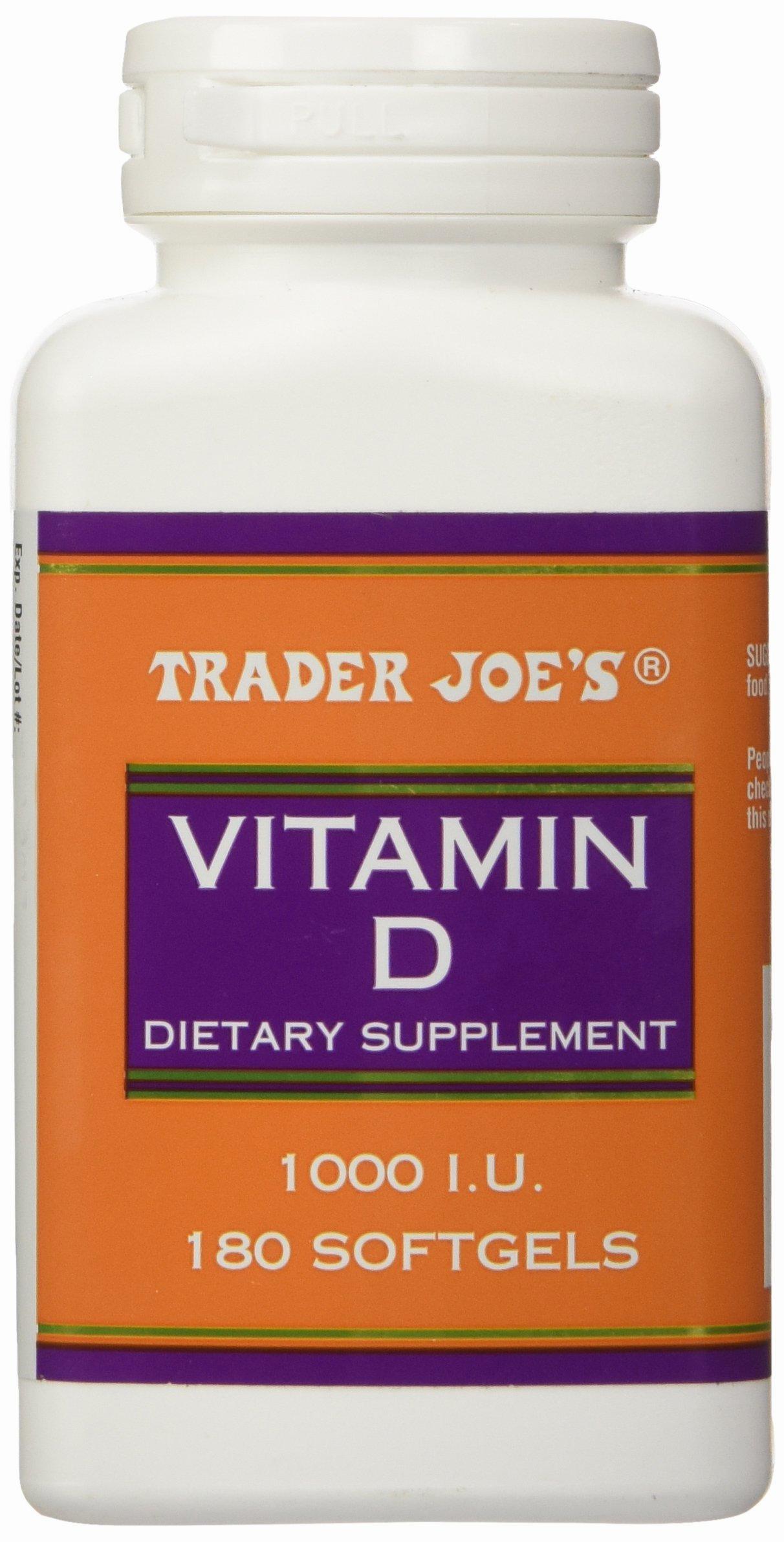 A bottle of Trader Joes Vitamin D dietary supplement, containing 180 softgels, each with 1000 IU of Vitamin D.