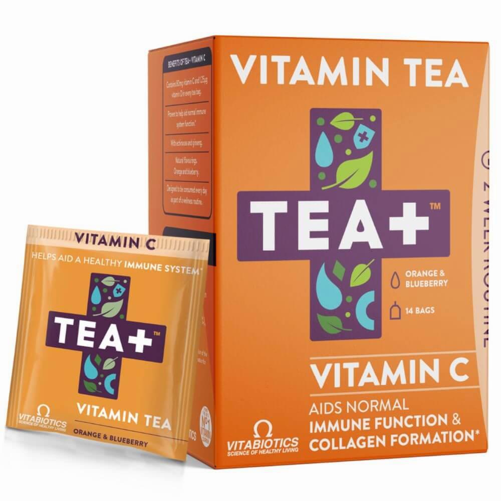 A box of orange and blueberry flavored vitamin tea.