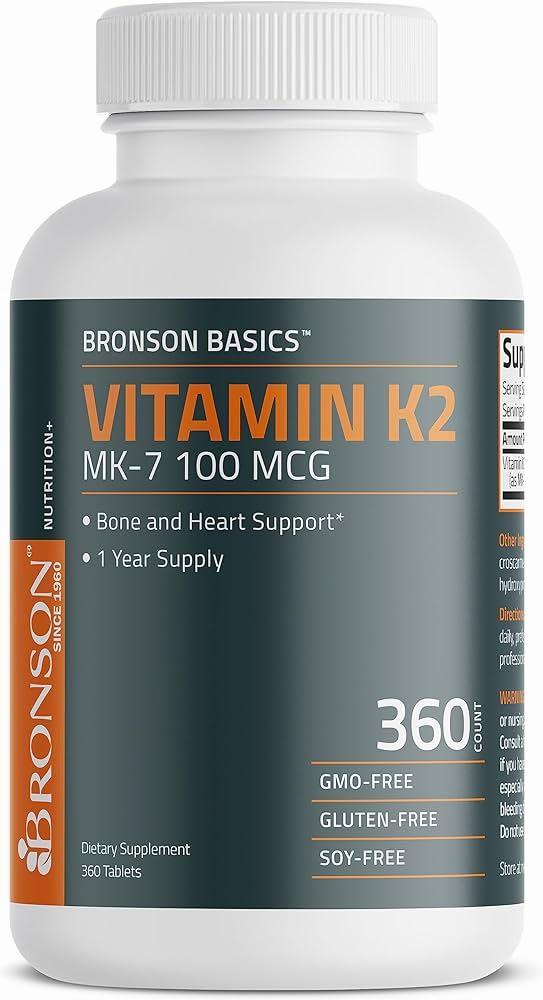 A black bottle of Bronson Vitamin K2 MK-7 100mcg, a dietary supplement that supports bone and heart health.