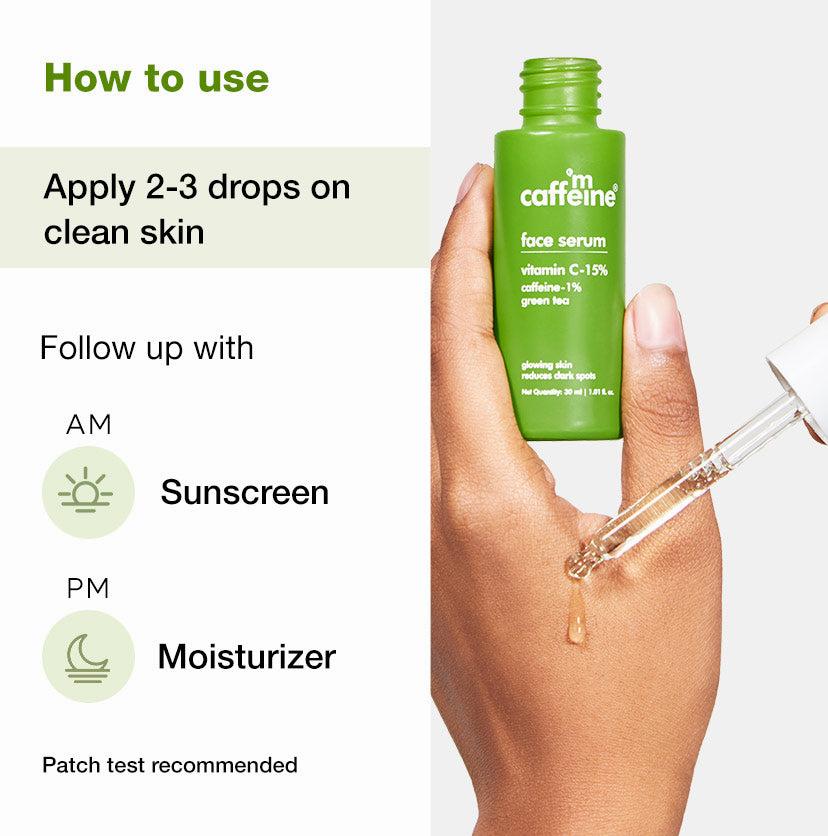 The image shows a hand holding a dropper above a bottle of face serum, with text instructions on how to use the product.