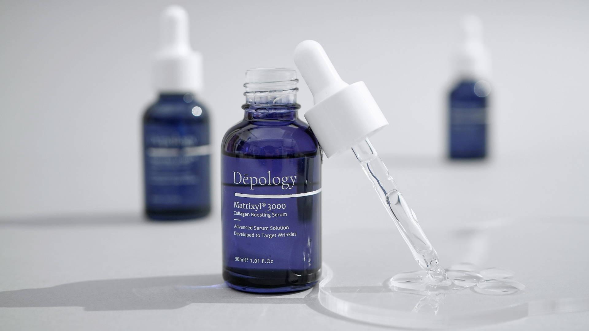 A blue bottle of Depology Matrixyl 3000 Collagen Boosting Serum with a white dropper.