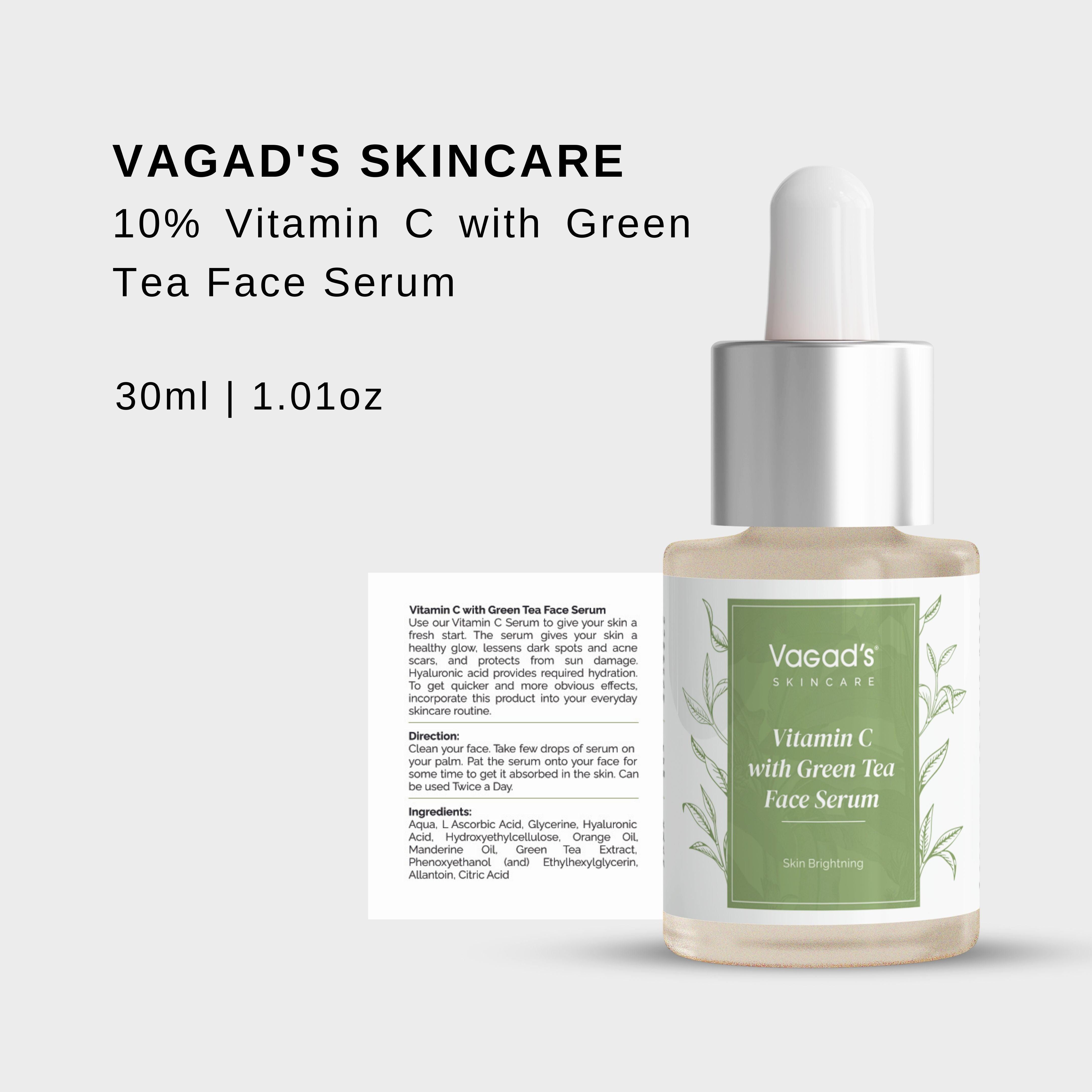 A bottle of Vagads Vitamin C with Green Tea Face Serum, a skin brightening product.